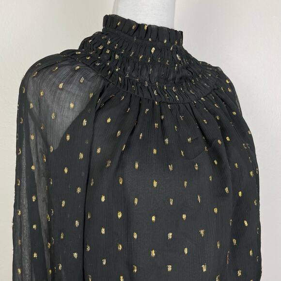 Ann Taylor | Black Chiffon Metallic Clip Smocked Ruffle Neck Top Career Blouse - Picture 8 of 13